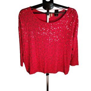 Madison Large Red Sequin Pull Over Wider Fit Top With 3/4 Length Sleeves. NWT